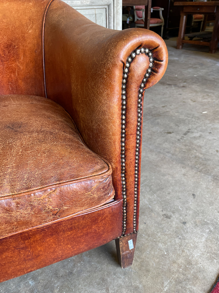 Vintage European Leather Tub Chair with Brass Nailhead Detail
