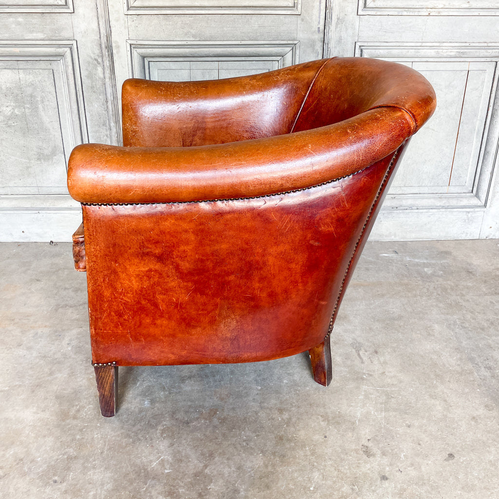 Vintage European Leather Tub Chair with Brass Nailhead Detail