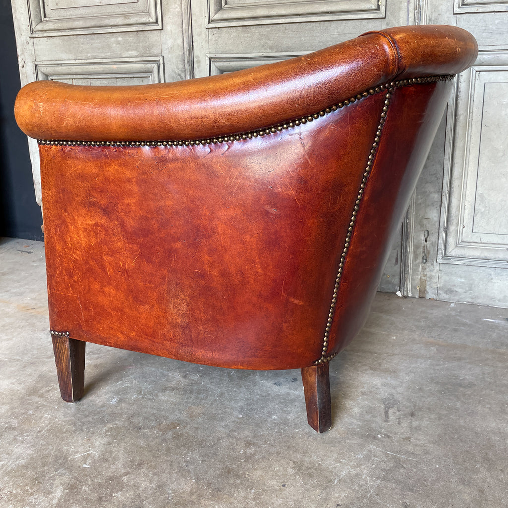 Vintage European Leather Tub Chair with Brass Nailhead Detail