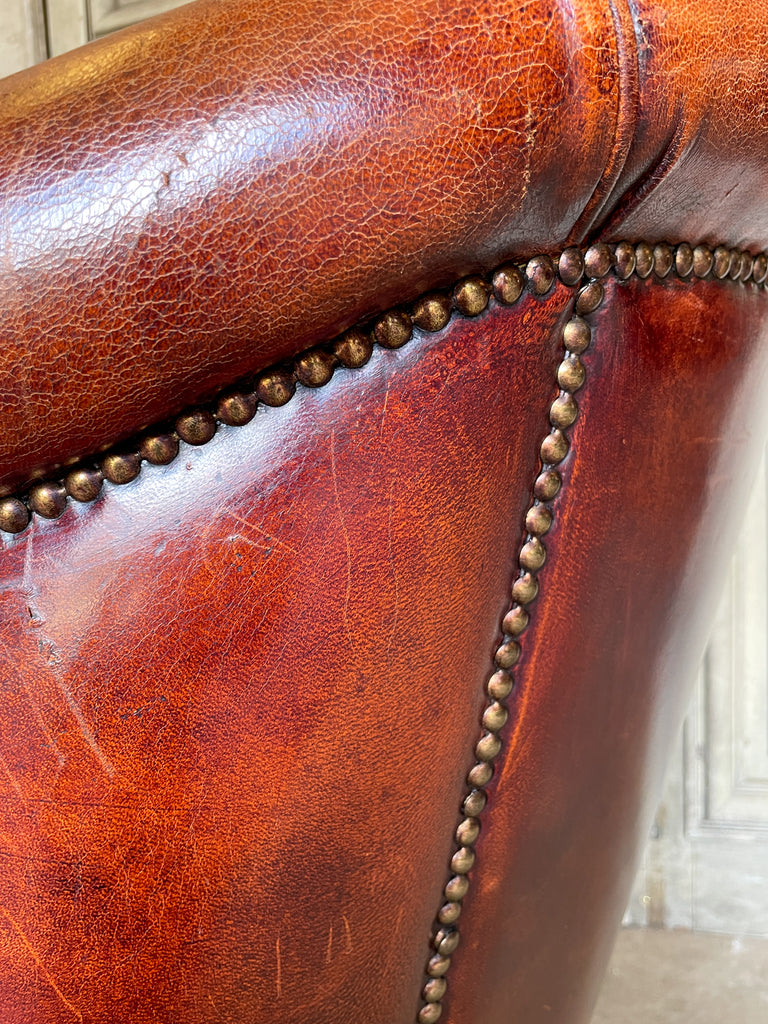 Vintage European Leather Tub Chair with Brass Nailhead Detail