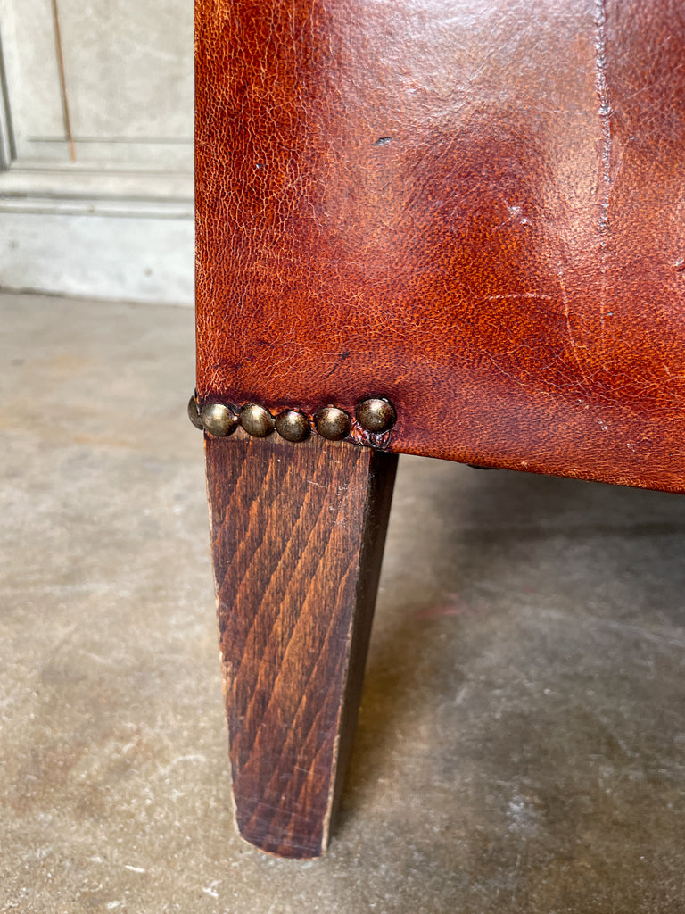 Vintage European Leather Tub Chair with Brass Nailhead Detail