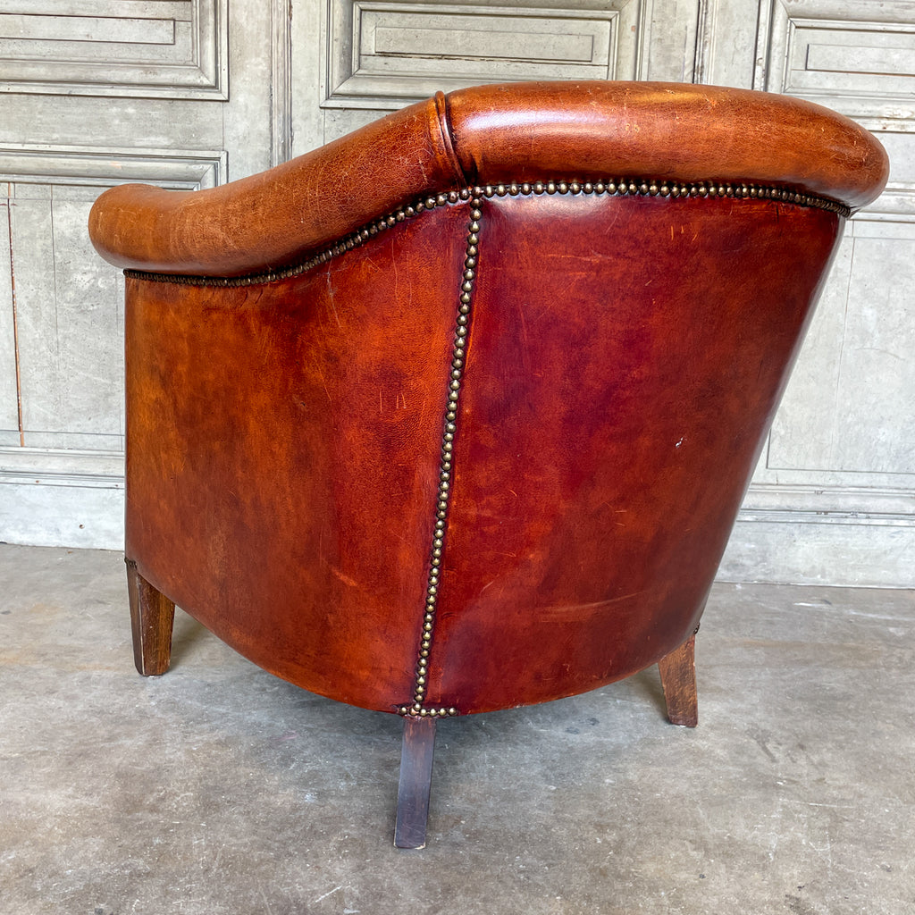 Vintage European Leather Tub Chair with Brass Nailhead Detail