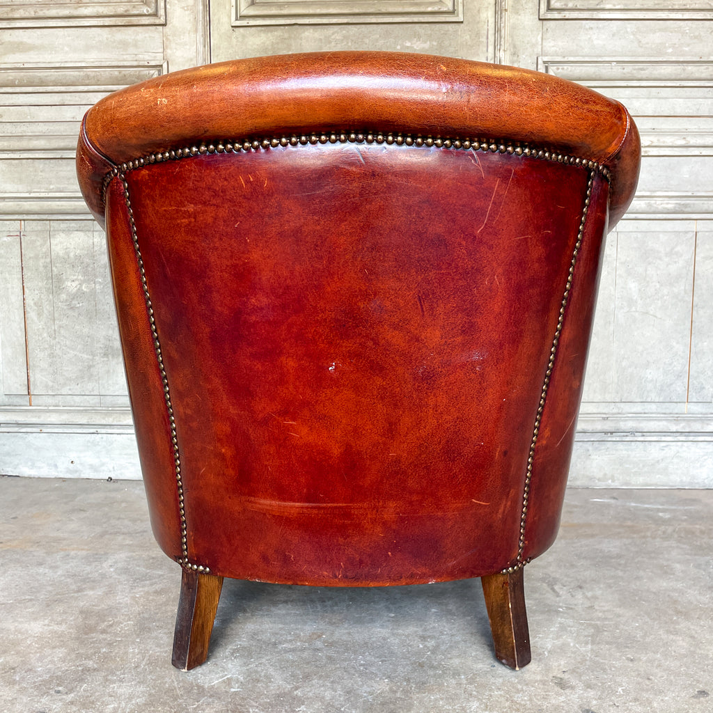 Vintage European Leather Tub Chair with Brass Nailhead Detail