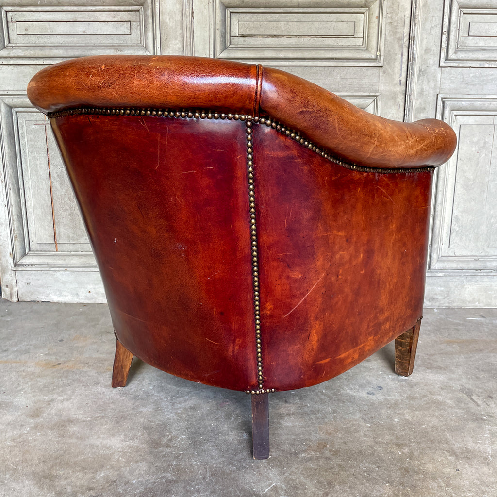 Vintage European Leather Tub Chair with Brass Nailhead Detail