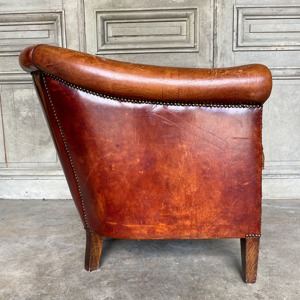 Vintage European Leather Tub Chair with Brass Nailhead Detail