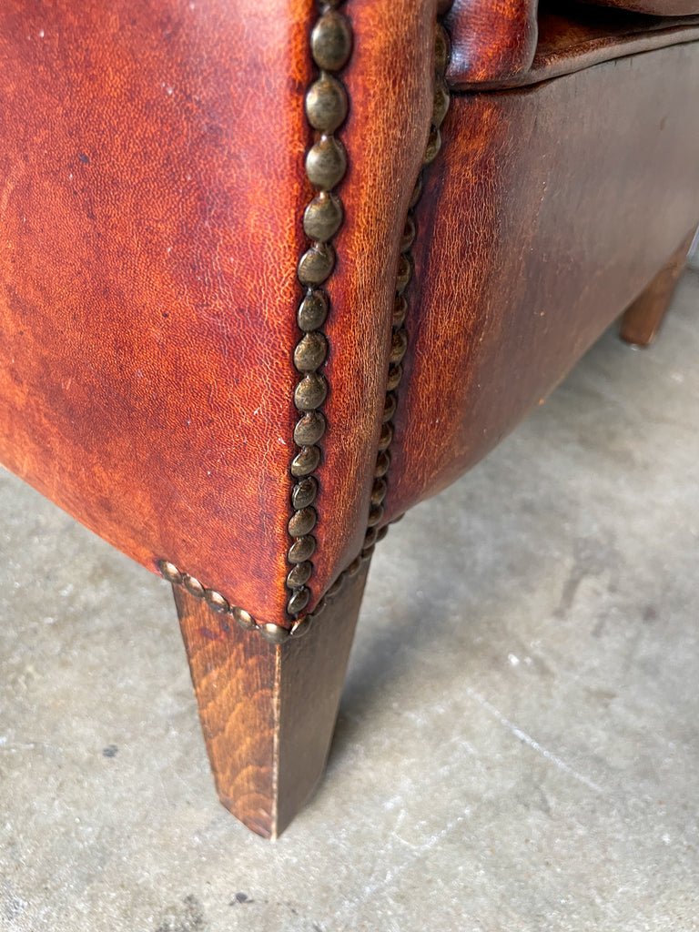 Vintage European Leather Tub Chair with Brass Nailhead Detail