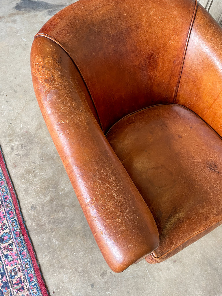 Vintage European Leather Tub Chair with Brass Nailhead Detail