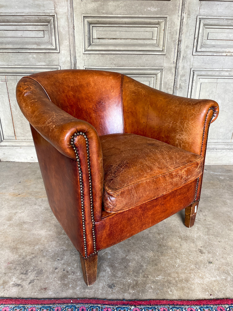 Vintage European Leather Tub Chair with Brass Nailhead Detail