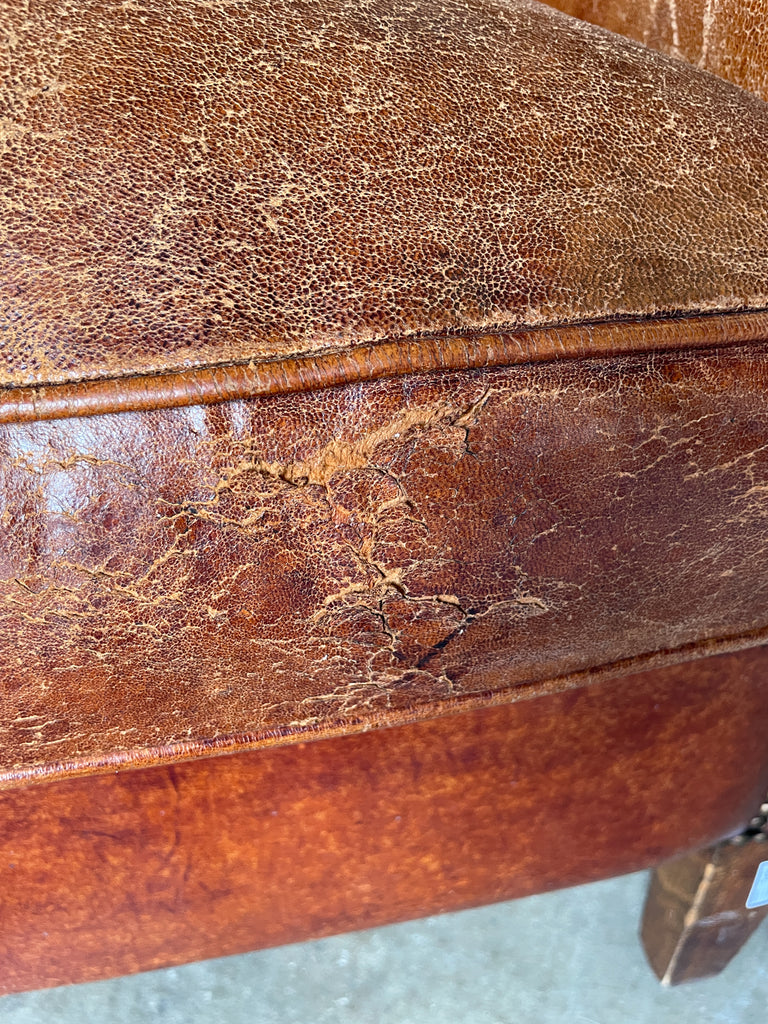 Vintage European Leather Tub Chair with Brass Nailhead Detail
