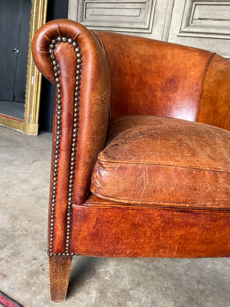 Vintage European Leather Tub Chair with Brass Nailhead Detail