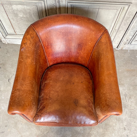 Vintage European Leather Tub Chair with Brass Nailhead Detail