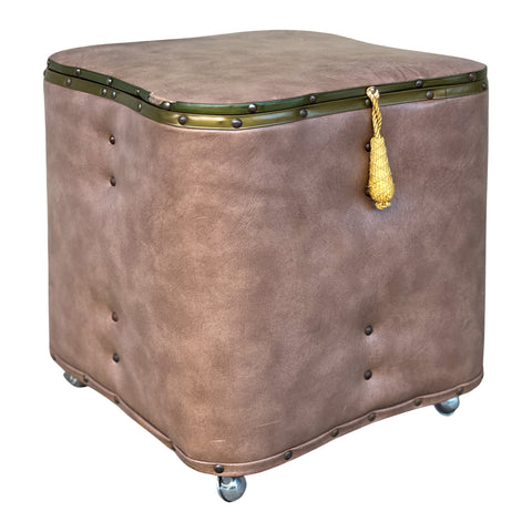 Vintage French Taupe Faux Leather Rolling Ottoman with Storage