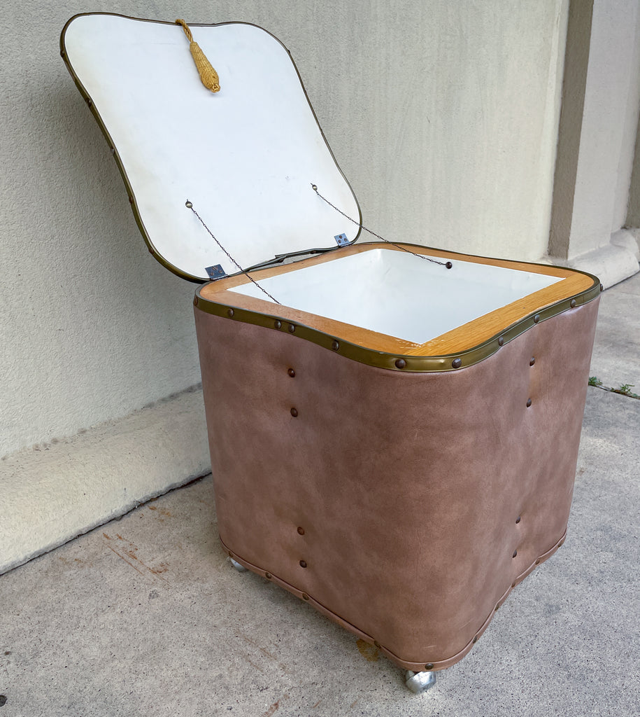 Vintage French Taupe Faux Leather Rolling Ottoman with Storage