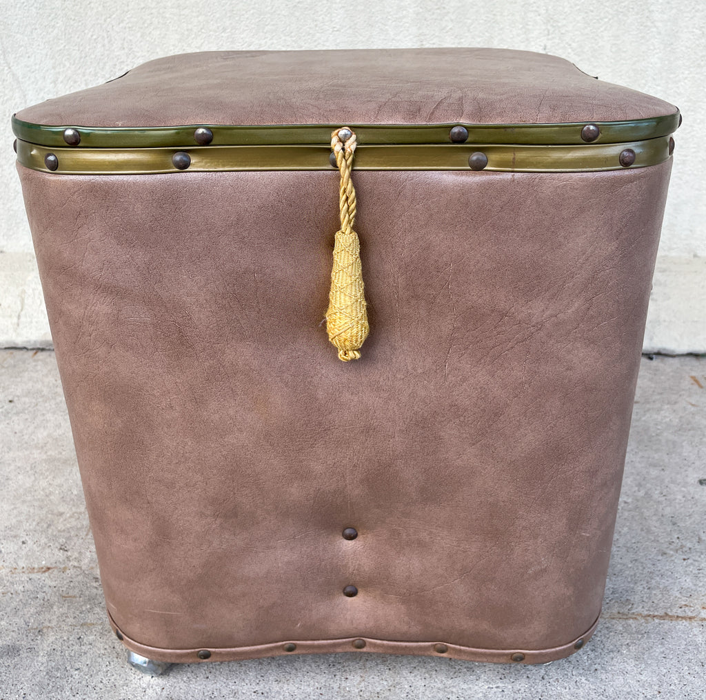 Vintage French Taupe Faux Leather Rolling Ottoman with Storage