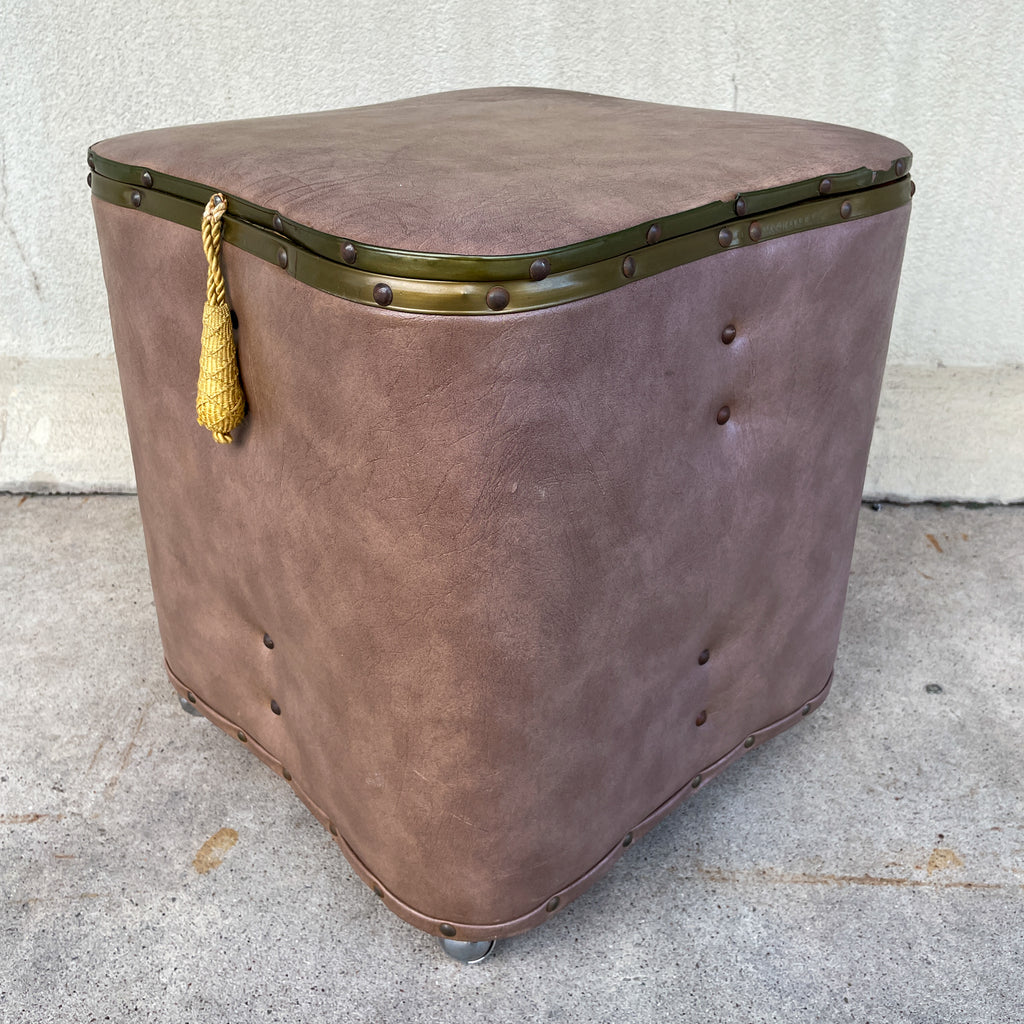 Vintage French Taupe Faux Leather Rolling Ottoman with Storage