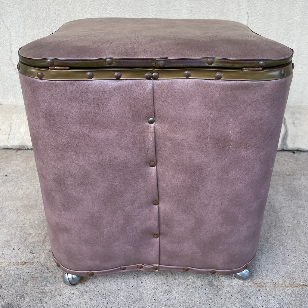 Vintage French Taupe Faux Leather Rolling Ottoman with Storage