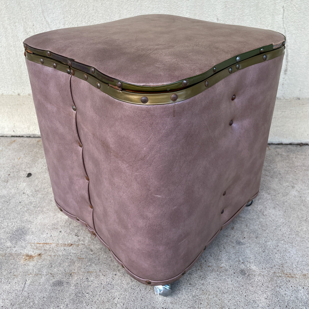 Vintage French Taupe Faux Leather Rolling Ottoman with Storage