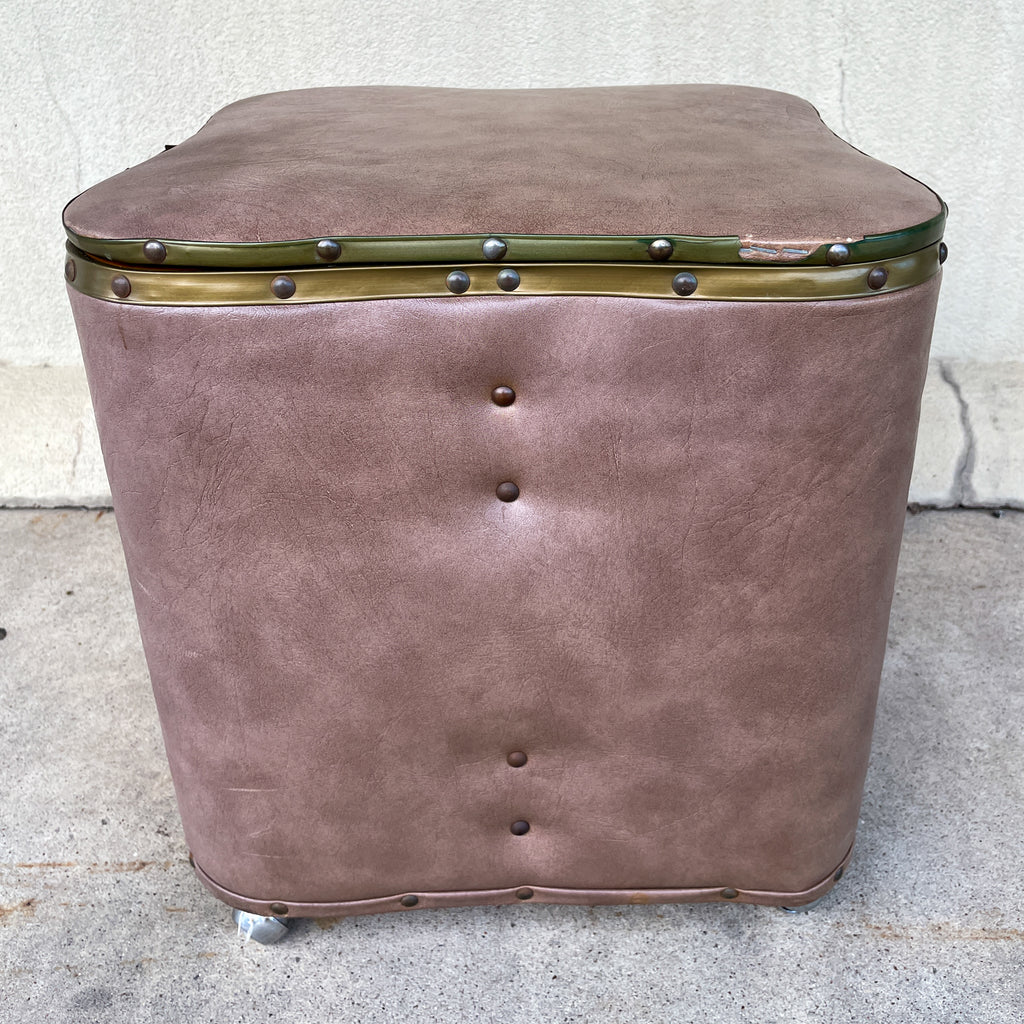 Vintage French Taupe Faux Leather Rolling Ottoman with Storage
