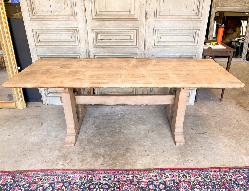 Vintage Stripped French Oak Trestle Style Farm Table with Hand-Planed Top