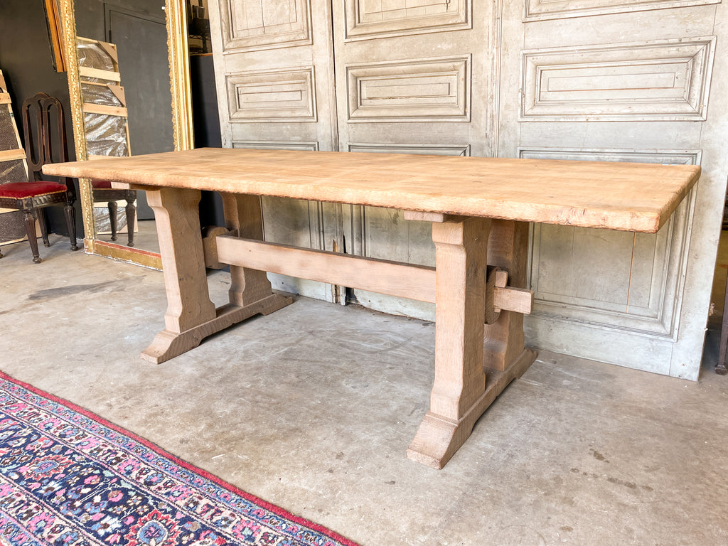 Vintage Stripped French Oak Trestle Style Farm Table with Hand-Planed Top