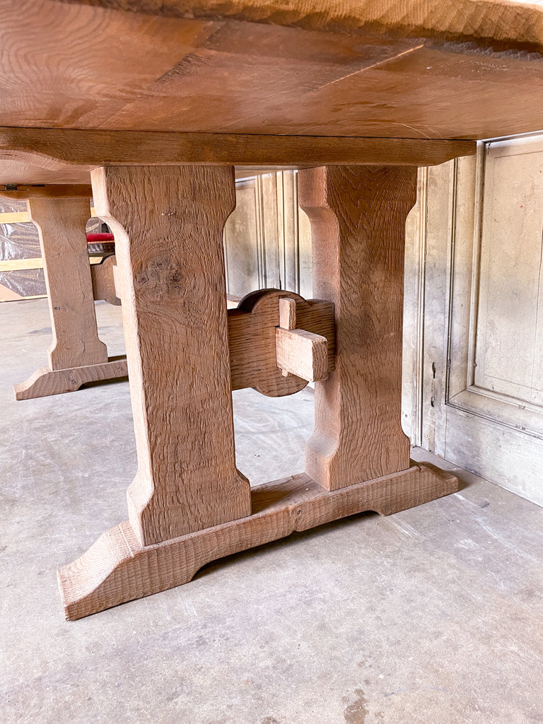 Vintage Stripped French Oak Trestle Style Farm Table with Hand-Planed Top
