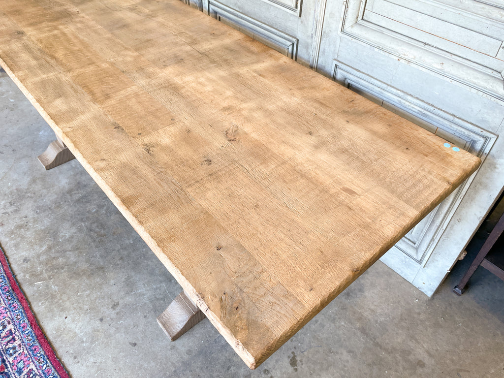 Vintage Stripped French Oak Trestle Style Farm Table with Hand-Planed Top