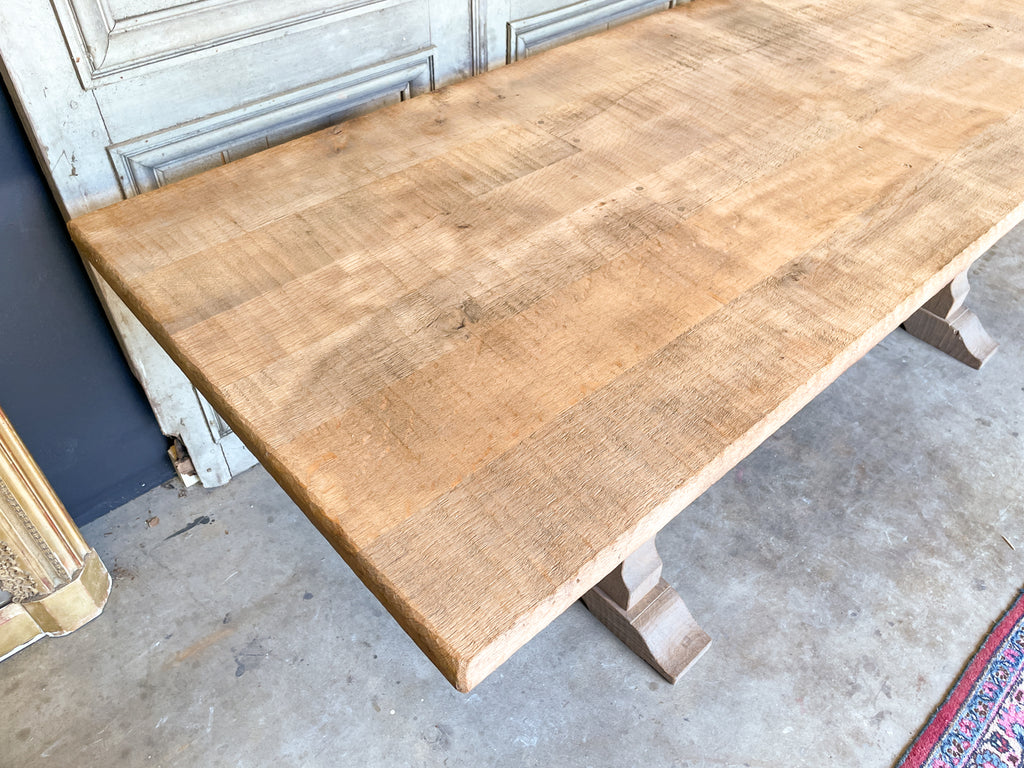 Vintage Stripped French Oak Trestle Style Farm Table with Hand-Planed Top