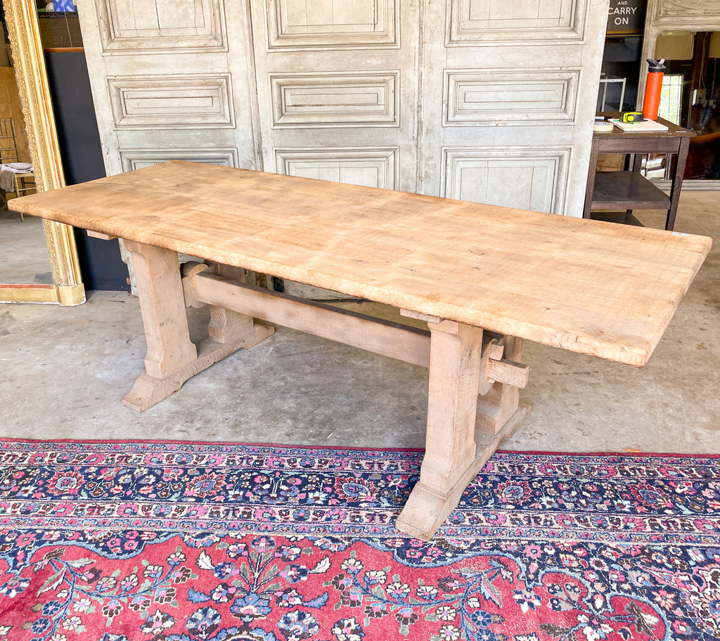 Vintage Stripped French Oak Trestle Style Farm Table with Hand-Planed Top