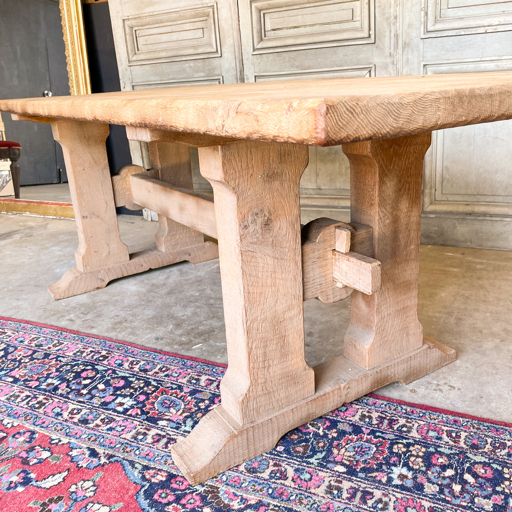 Vintage Stripped French Oak Trestle Style Farm Table with Hand-Planed Top