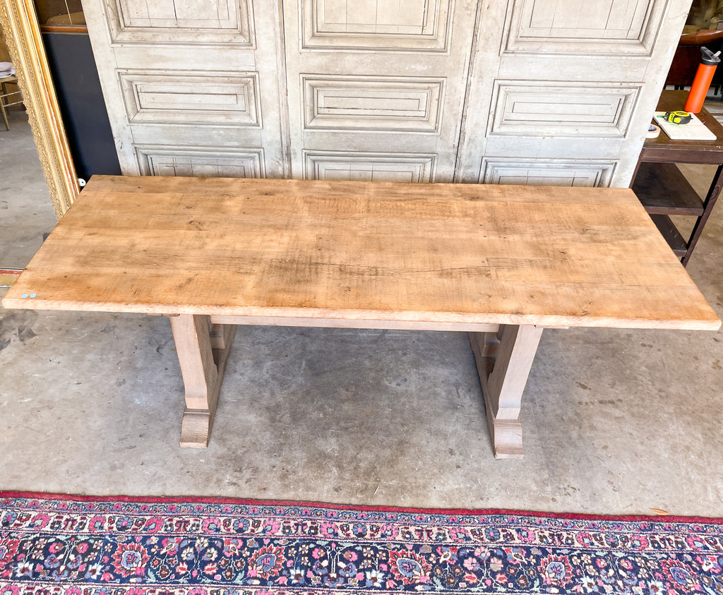 Vintage Stripped French Oak Trestle Style Farm Table with Hand-Planed Top