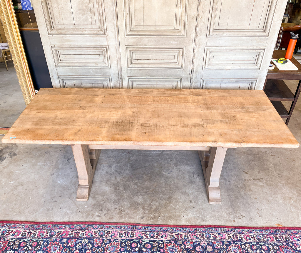 Vintage Stripped French Oak Trestle Style Farm Table with Hand-Planed Top
