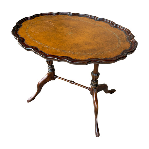 Vintage French Carved Wood Cocktail Table with Embossed Florentine Leather Top