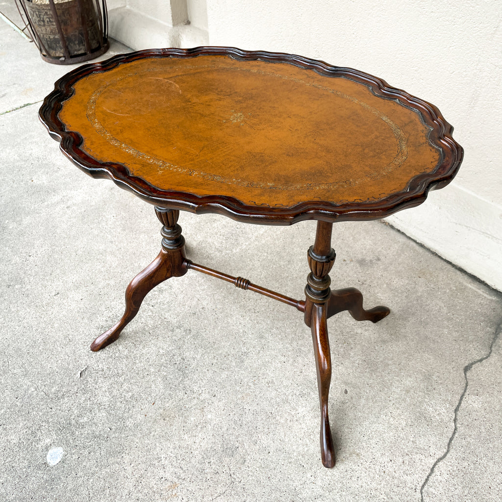 Vintage French Carved Wood Cocktail Table with Embossed Florentine Leather Top