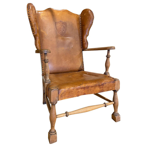 1920s Italian Leather Wingback Chair with Embossed Detail