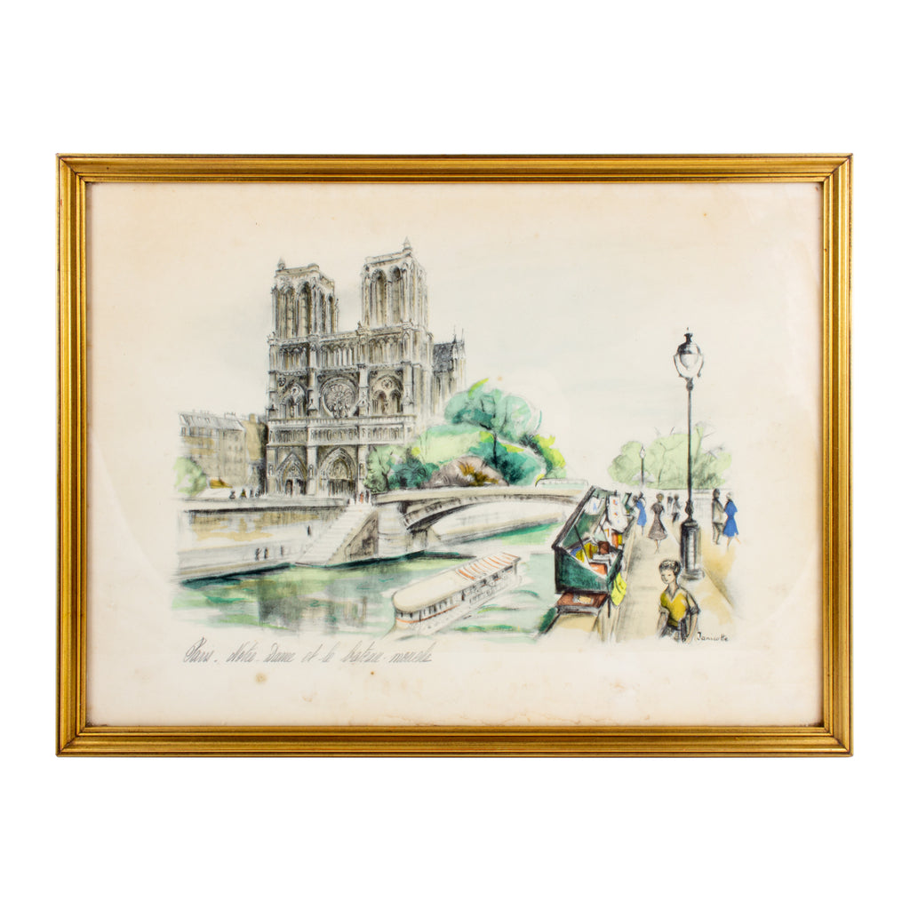 Vintage French Watercolor in Gilt Frame - Notre Dame | 16 x 12