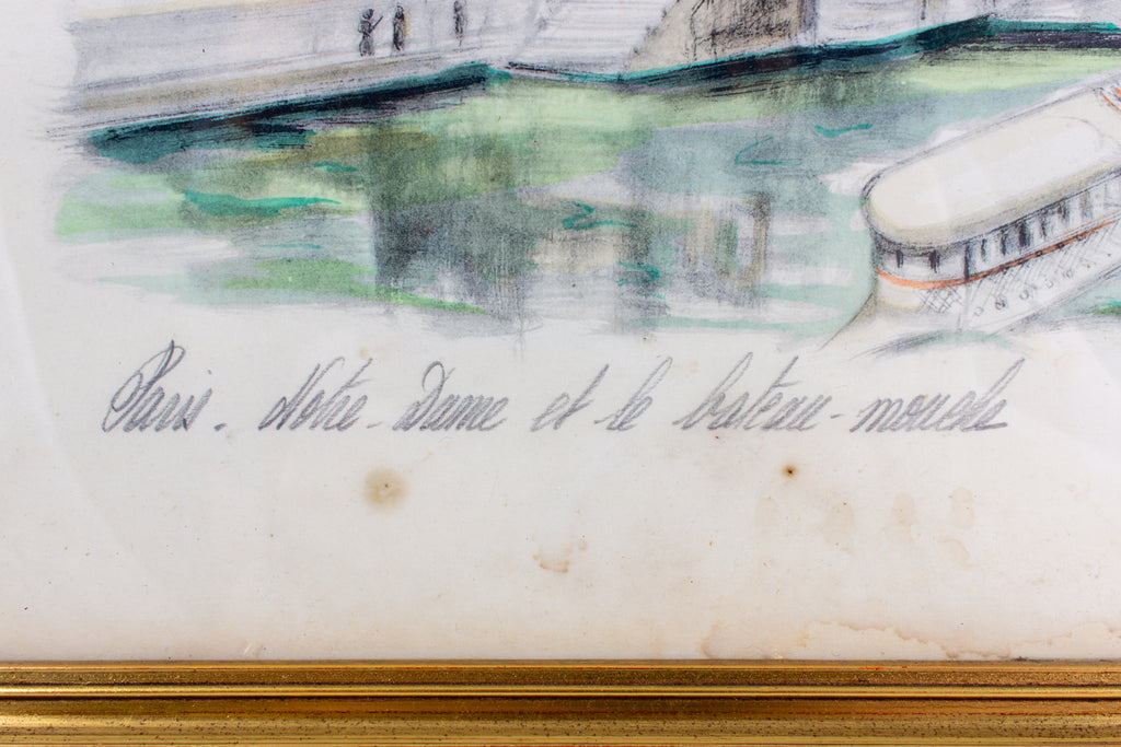 Vintage French Watercolor in Gilt Frame - Notre Dame | 16 x 12