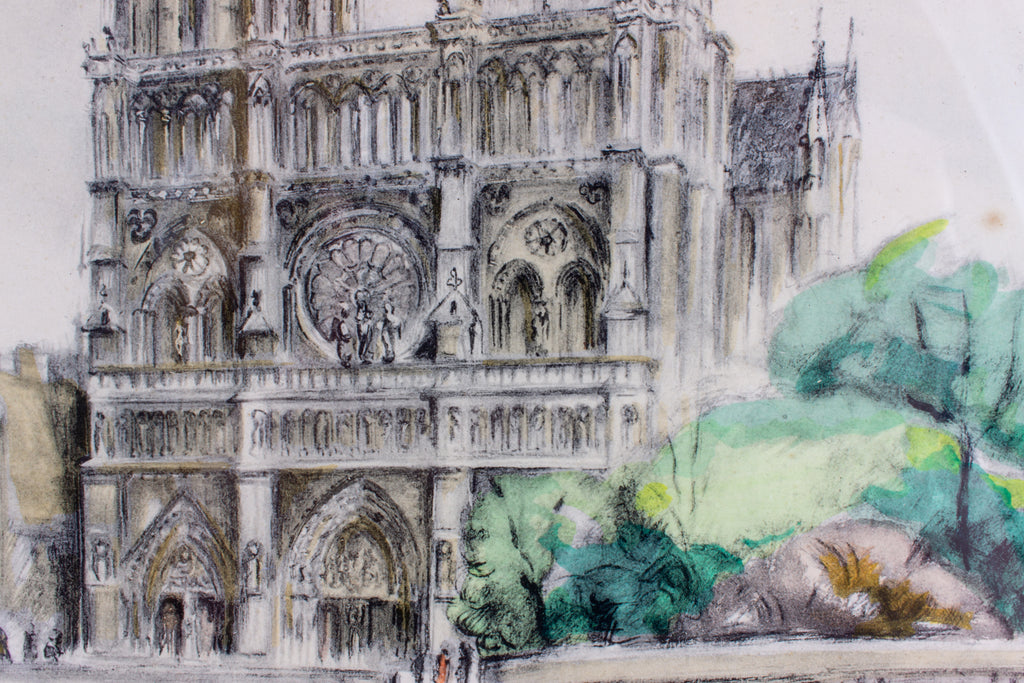 Vintage French Watercolor in Gilt Frame - Notre Dame | 16 x 12