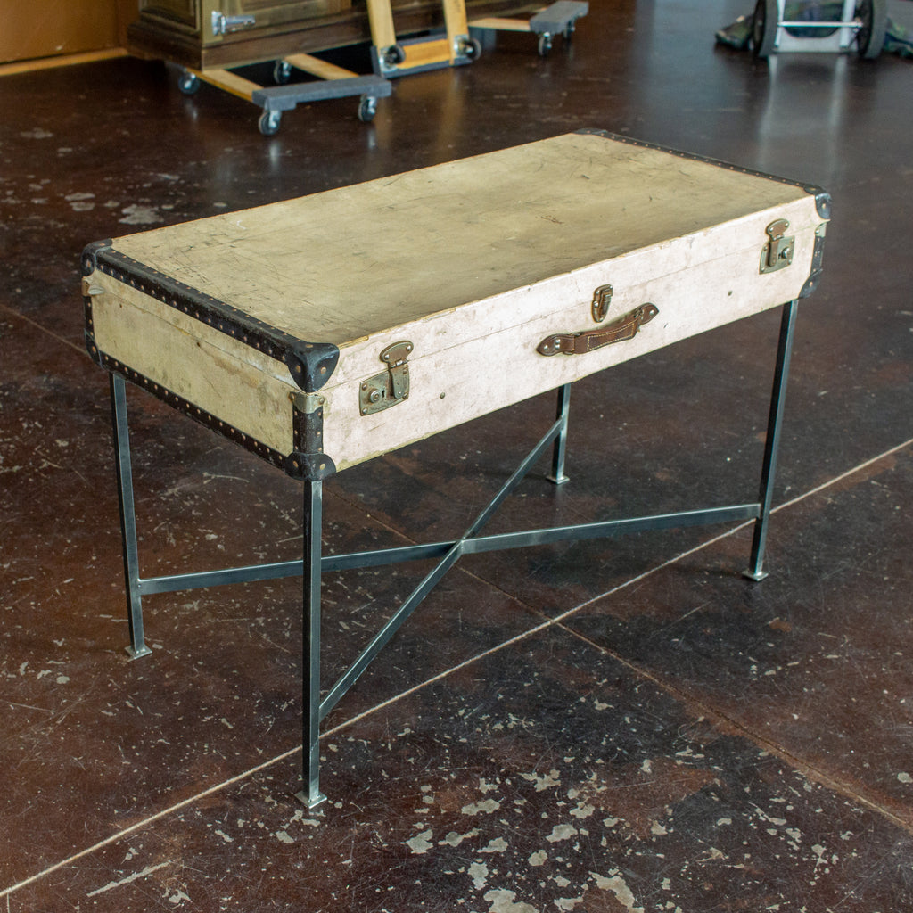 Side Table Crafted with Vintage French Luggage & Custom Iron Base