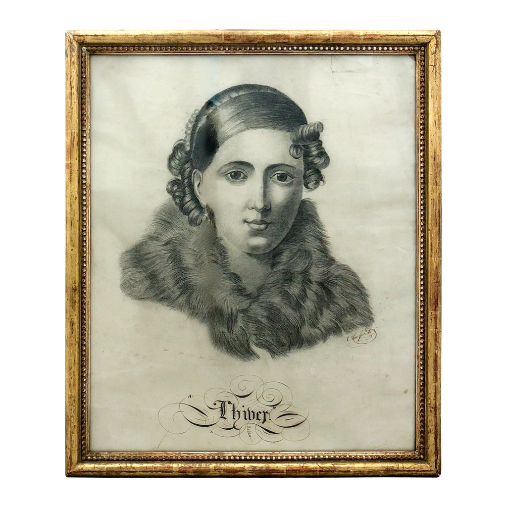 19th Century French Drawing "Winter" in Antique Gilt Frame