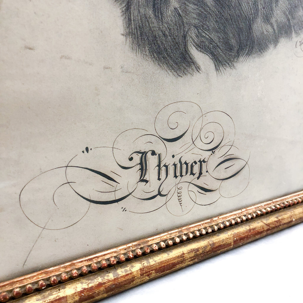 19th Century French Drawing "Winter" in Antique Gilt Frame