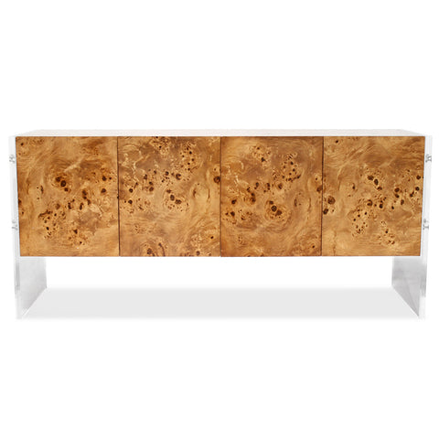 Bond Four-Door Burled Wood & Acrylic Console by Jonathan Adler