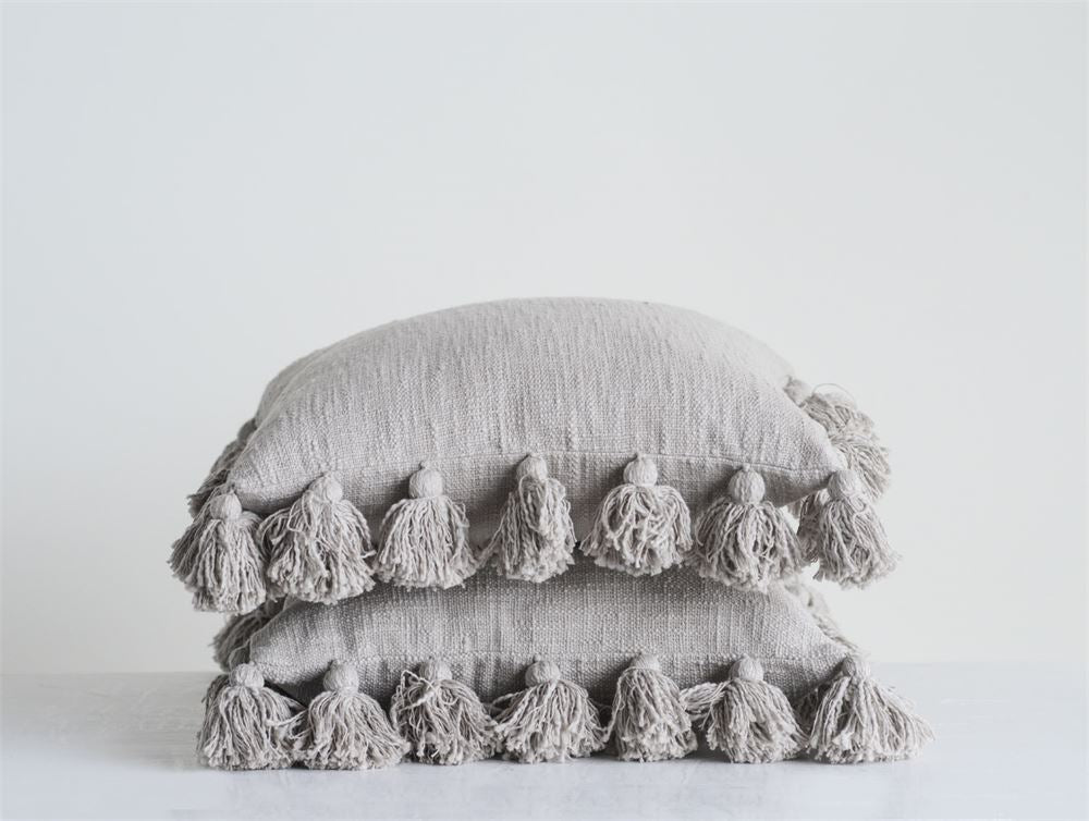 Square Cotton Tassel Pillow, Grey (18-Inch)