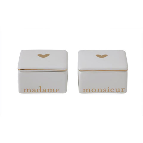 White & Gold Ceramic "Madame" & "Monsieur" Keepsake Boxes