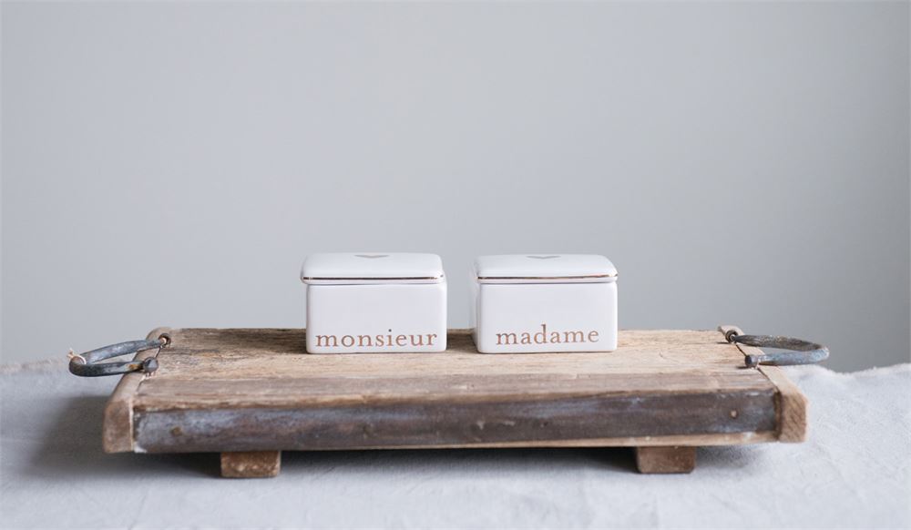 White & Gold Ceramic "Madame" & "Monsieur" Keepsake Boxes