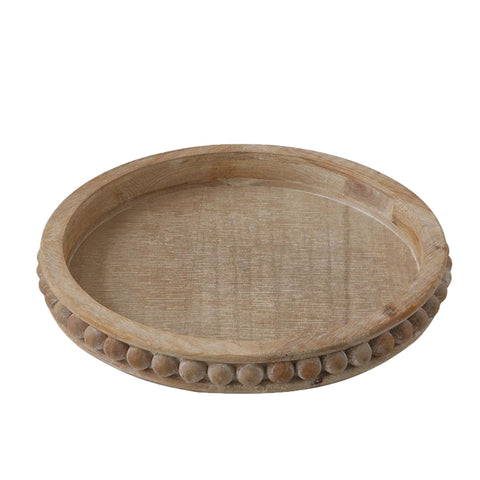 Round Whitewash Beaded Edge Wood Tray