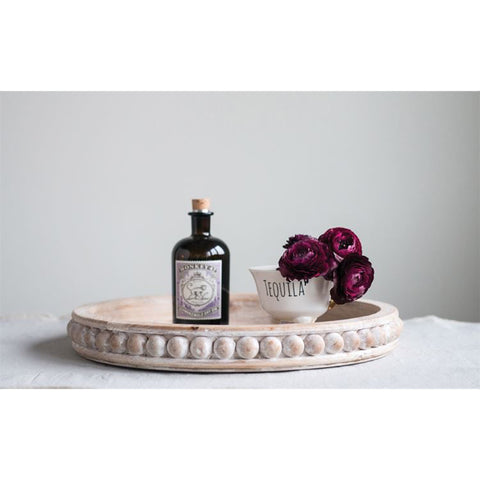 Round Whitewash Beaded Edge Wood Tray