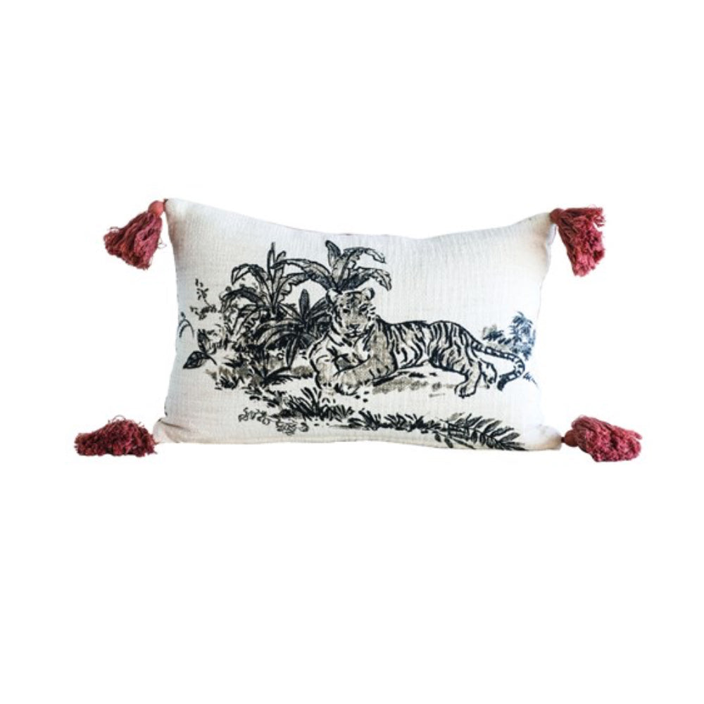 Cotton & Velvet Printed Pillow with Tiger Image & Tassels | 18" x 12"