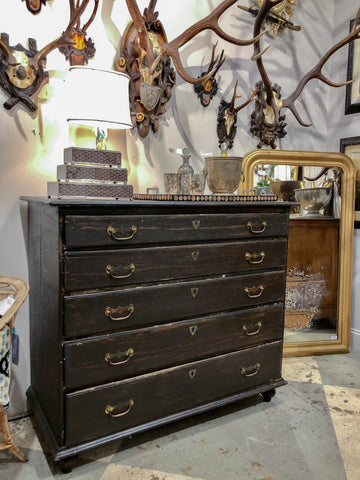 Antique French Five-Drawer Commode in Distressed Black Finish, circa 1900