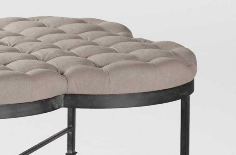 Clover Shaped Tufted Linen Ottoman with Iron Base