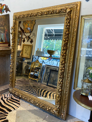 Large Antique French Gilt Floor Mirror with Carved Pomegranate & Leaf Details